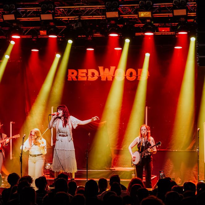 Band Redwood bei einem Live-Konzert auf einer Bühne mit roter und gelber Lichtshow, Publikum im Vordergrund.