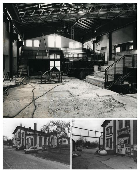 Schwarzweißfoto vom Innenraum des Pumpwerks Wilhelmshaven während Umbauarbeiten mit Treppen, Metallstegen und offenem Boden, 1976.