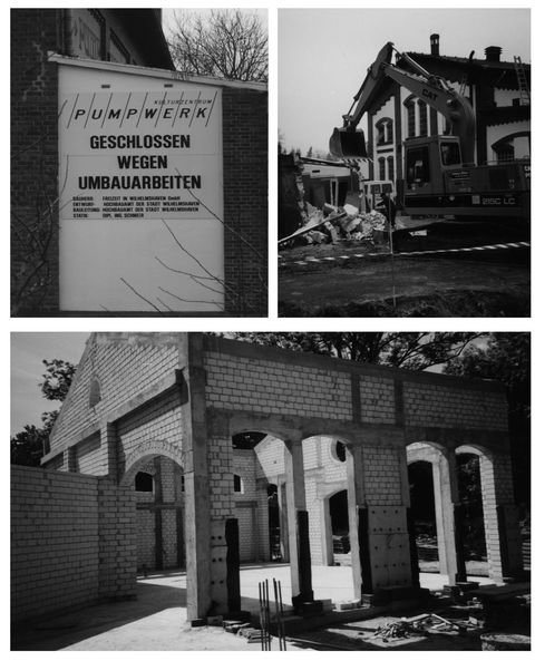 Schwarzweißfotos vom geschlossenen Pumpwerk mit Bagger bei Abrissarbeiten und Neubau aus Ziegelsteinen.